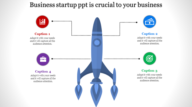 Business startup PowerPoint template with a rocket illustration and four captioned sections on either side and icons.