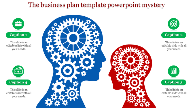 A business plan PowerPoint slide featuring two human silhouettes, one in blue and the other in red, with gear illustrations.