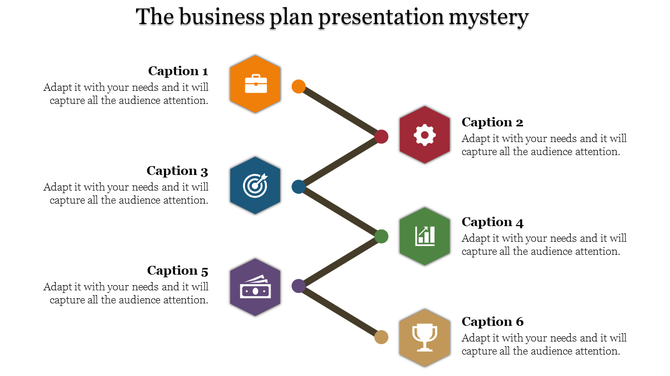 Business plan slide with hexagon icons in orange, red, blue, green, purple, and yellow, connected by a zigzag line.