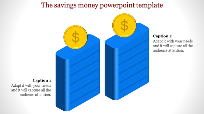 Two blue 3D rectangles with gold coins on top, captions below, and a red title at the top center.