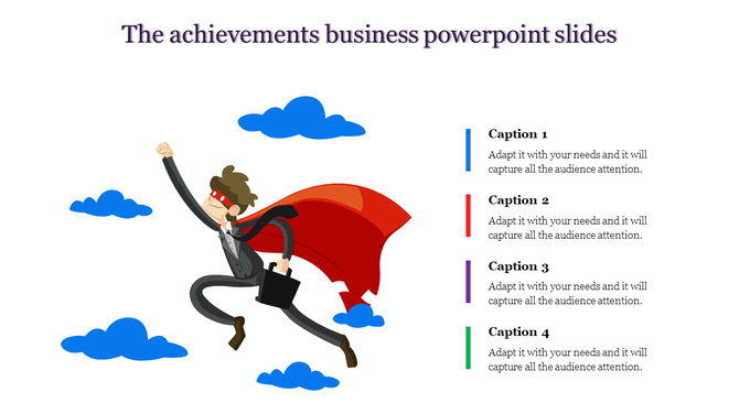 A business PowerPoint slide featuring a superhero character in the sky, with colorful captions and spaces for text.