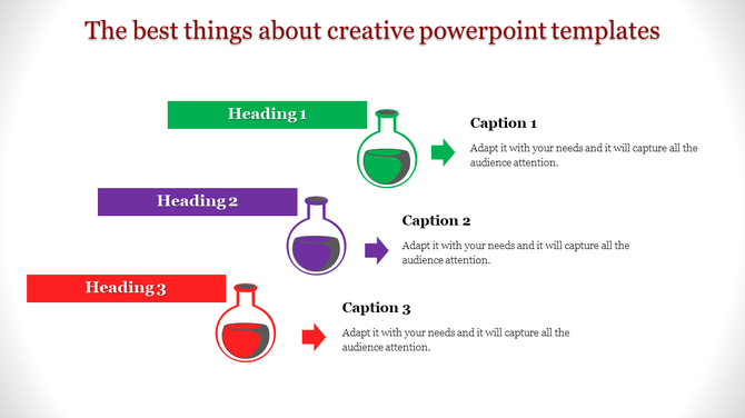 A creative PowerPoint slide featuring colorful flasks and captions with placeholder text.