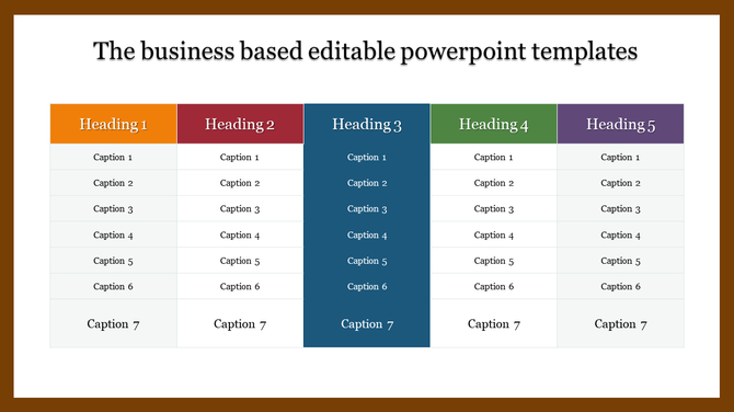 A business based PowerPoint template with a table containing multiple headings and captions for each section.