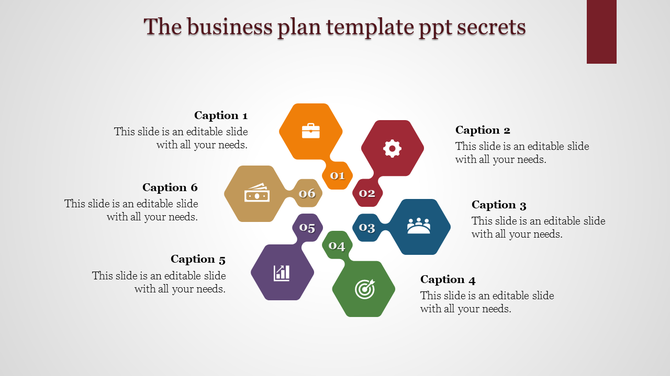 Business plan PPT slide featuring a colorful hexagonal diagram with six captions and icons representing key concepts.
