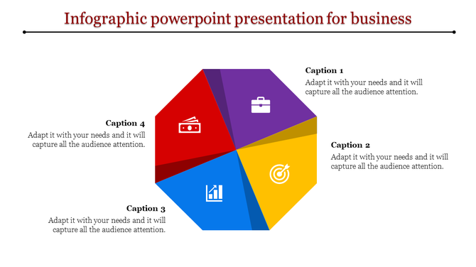 Hexagonal chart divided into red, purple, blue, and yellow sections with business icons and captions around the graphic.