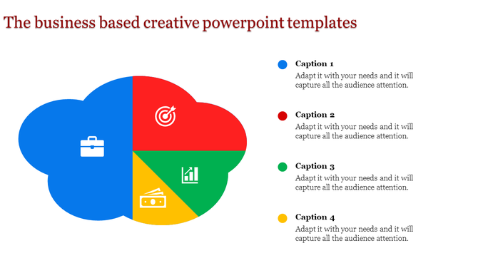 Business themed slide with a cloud graphic split into blue, red, green, and yellow quadrants featuring icons.