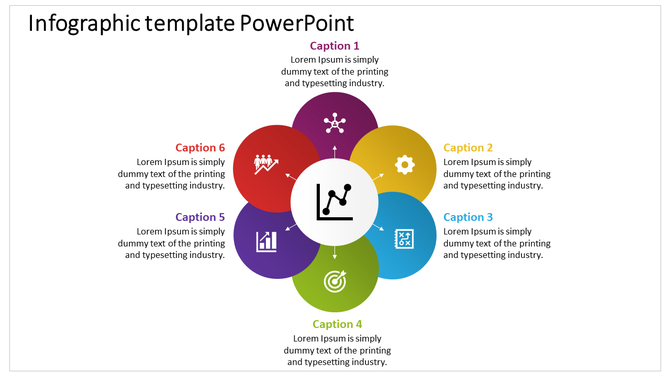 Colorful infographic PowerPoint template with six sections surrounding a central graph icon and captions.