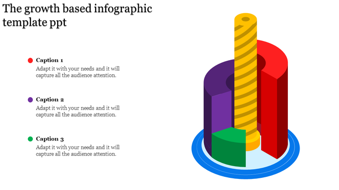 3D infographic with a yellow spiral column, featuring red, green, and purple cylindrical segments on a blue circular base.