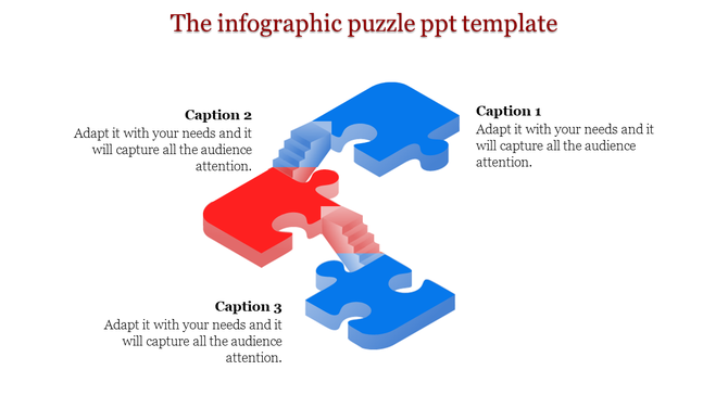 Infographic puzzle template with interconnected red and blue puzzle pieces linked by stairs and three captions.
