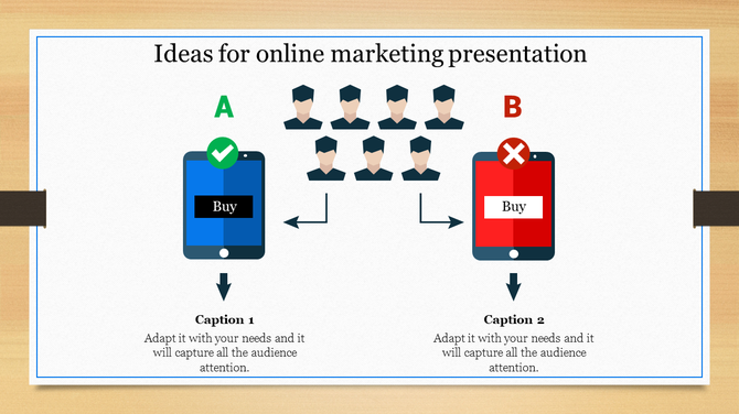 Illustration comparing two online marketing strategies using mobile devices labeled A and B with buy options.