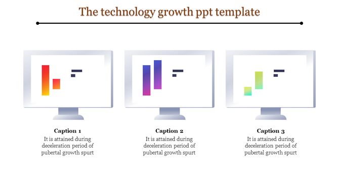 Technology growth PowerPoint template showing bar graphs on three computer screens with captions.