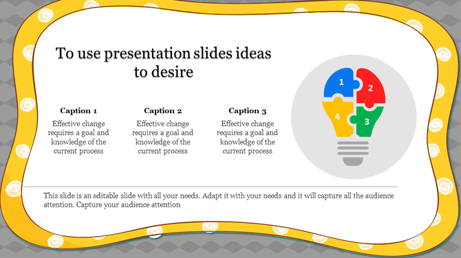 Presentation slide with a decorative yellow border, captions about effective change, and a light bulb puzzle graphic.