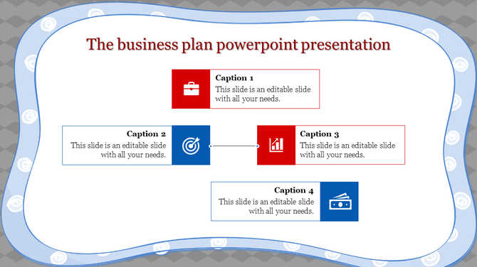 Business plan PowerPoint slide featuring four sections with various icons and titles.