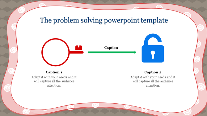 Problem solving PowerPoint template featuring a red key, a green arrow, and a blue unlocked padlock symbol.