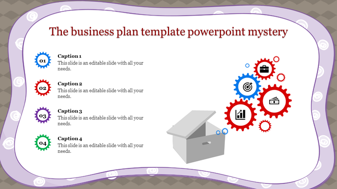 Business plan PowerPoint template with numbered captions and colorful gear icons representing different processes.