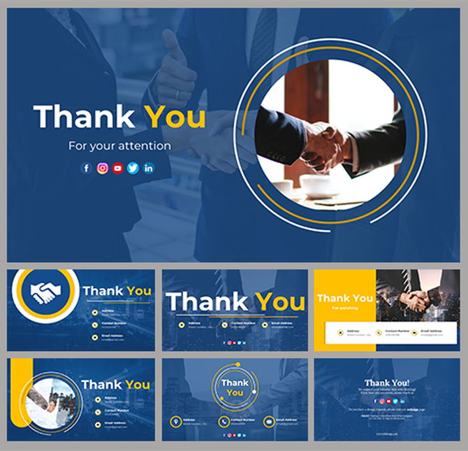 Thank you slides with handshake images and contact details, including social media icons and various layout styles.