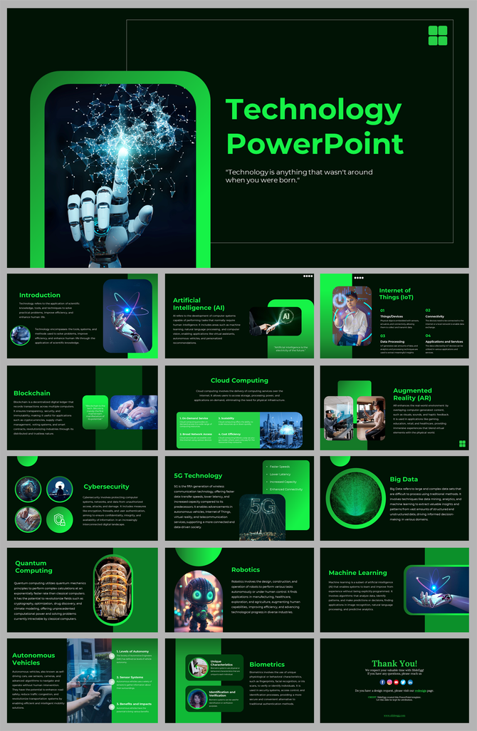 Slide deck featuring modern technology topics like AI, robotics, cloud computing, and cybersecurity with green accents.