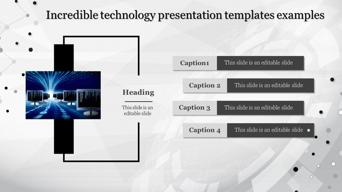 Technology themed PowerPoint slide with a futuristic computer network image, captions, and a heading area.