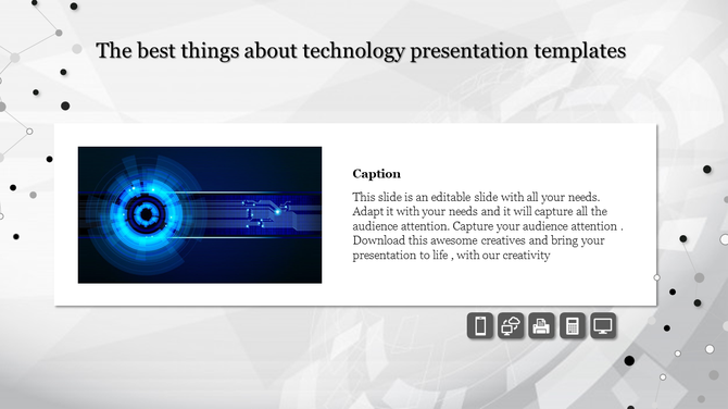A technology PowerPoint slide featuring a futuristic blue digital design and icons representing technology tools.