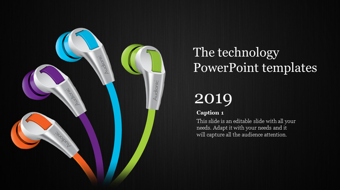 Technology themed PowerPoint slide featuring colorful earphones on a sleek black background with a title and caption.