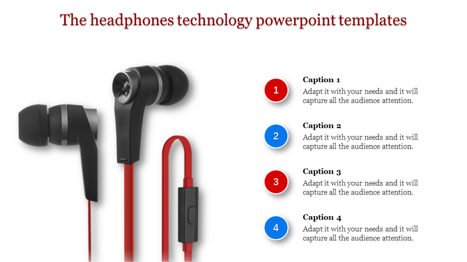 Black headphones with cord on the left and four captions on the right numbered in red and blue circles.