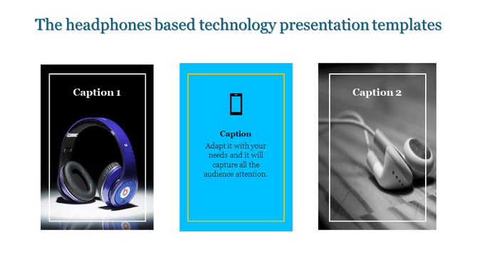Headphones based technology presentation template featuring images of wireless headphones and earphones.