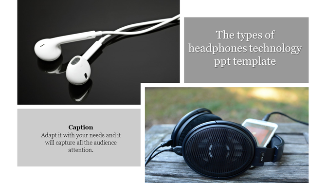 Slide featuring two images of white earphones on black background and headphones on a wooden table below.