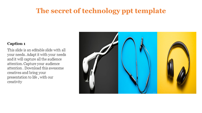 Slide with an orange title, a caption on the left, and three images showcasing earphones, earbuds, and headphones.