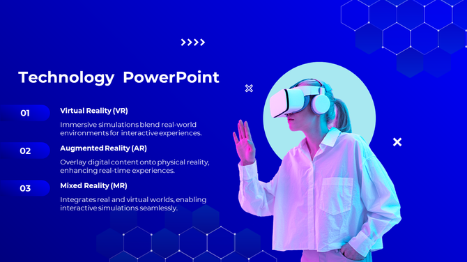 Technology themed slide featuring a woman using a VR headset, with three numbered descriptions, on a blue background.