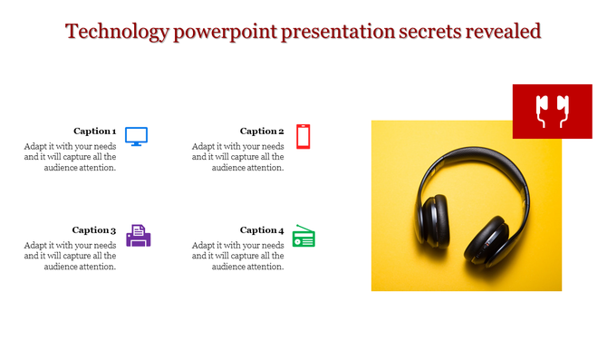 Slide layout with a bold red title, four captions on the left, and a photo of headphones on a yellow background.