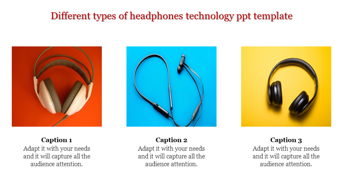 Technology slide featuring three types of headphones over ear, neckband, and wireless, displayed on colorful backgrounds.