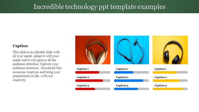 Technology themed PowerPoint template featuring headphones and earphones, with colorful progress bars below.