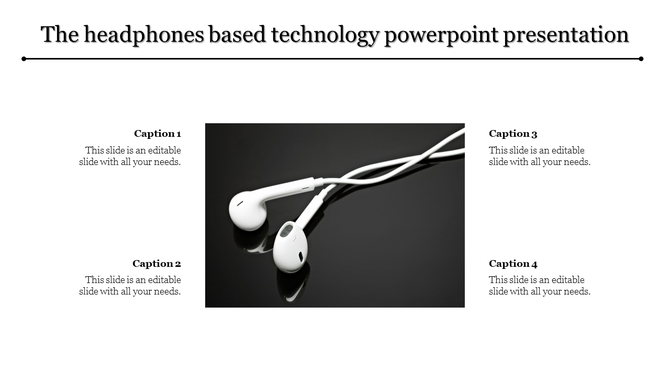 Slide featuring white earphones on a reflective black surface, with four captions around the image.