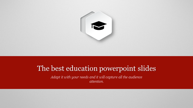A graduation cap icon on a red and white background represents an education themed PowerPoint slide.