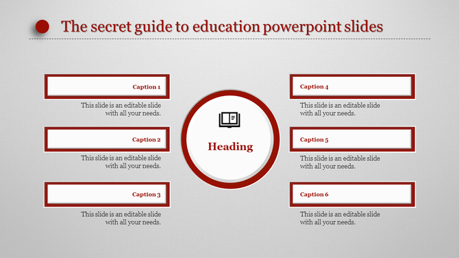 Educational slide with six red bordered caption boxes and a central heading icon on a light gray textured background.