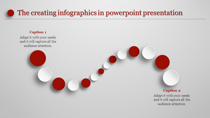 PPT infographic slide with red and white circular elements arranged in a wave pattern for creative data visualization.