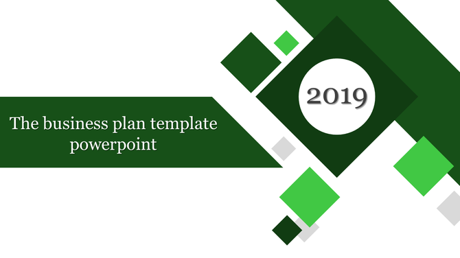 Business slide with green diagonal shapes, text on the left, and a circle with 2019 in the center on a white background.