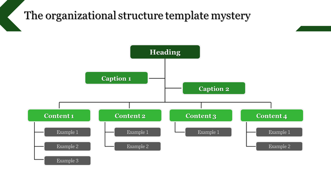 Organizational structure template with a heading, two captions, and multiple content sections showing examples.