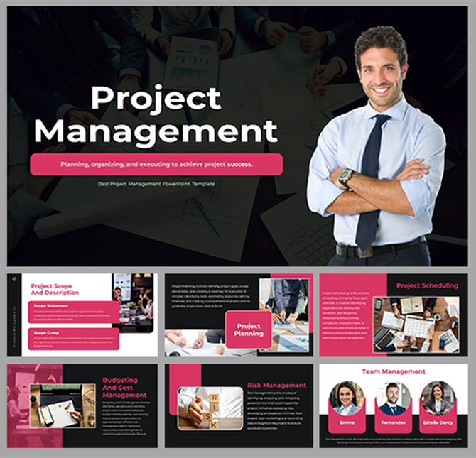 Slide deck with a modern design, showcasing images in pink highlights, and structured layouts for project details.