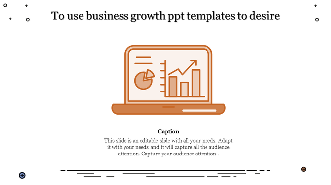 Business growth slide with a brown laptop illustration displaying a bar graph and pie chart on a white background.