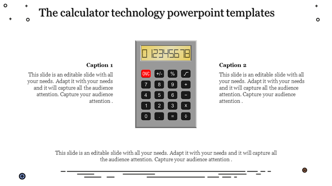 Slide featuring a calculator in the center, with captions on either side and minimal decorative elements.