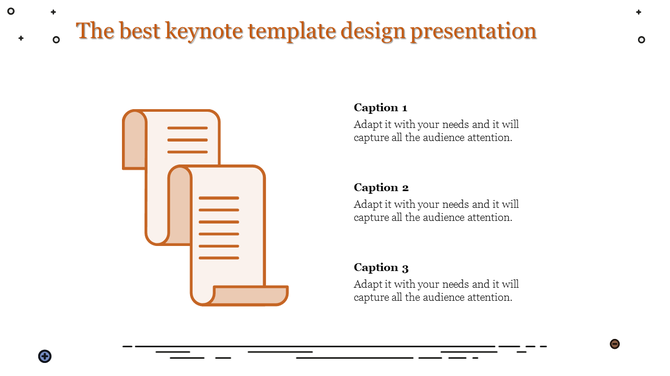 Minimalist keynote template with an orange scroll icon and three captions for impactful presentations.