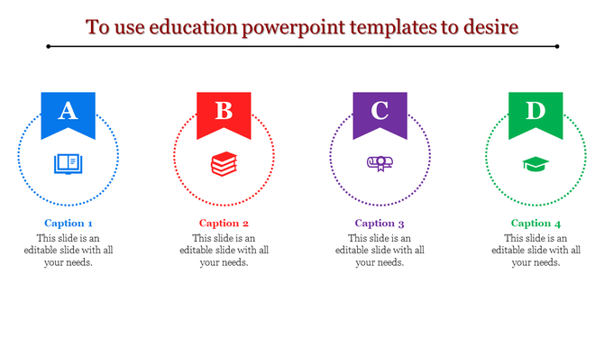 Slide featuring four education themed icons under labeled sections A, B, C, and D with captions below each icon.