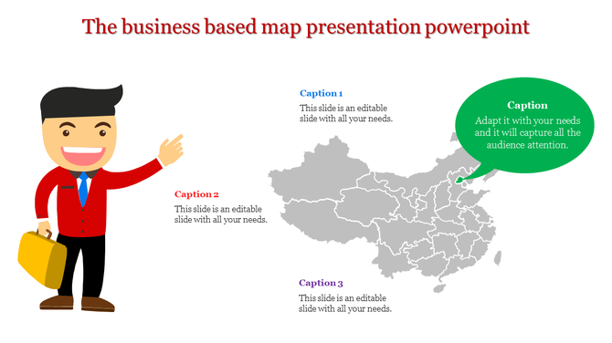 Business map presentation slide with a character holding a briefcase and captions placed around a map outline.