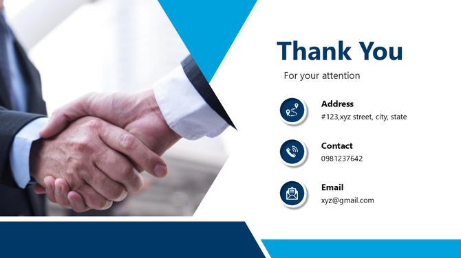 Thank you slide with handshake, blue theme, text holders, shapes, and contact details icons.