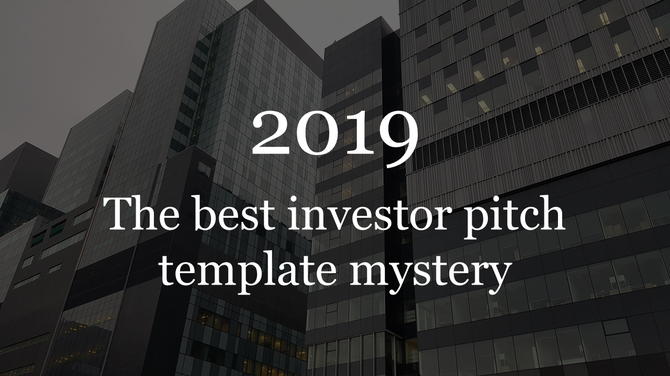 Dark investor pitch slide featuring skyscrapers in gray tones and centered white text.