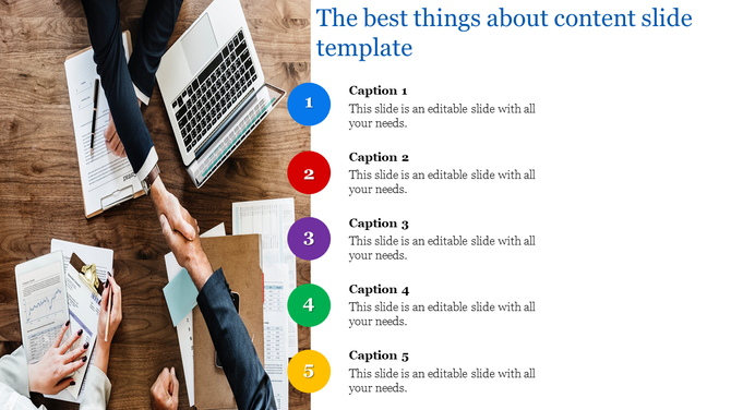 Content slide featuring a list of five colorful captions alongside a desk image with documents and a handshake.