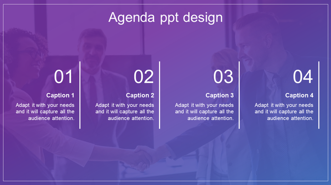 Agenda PowerPoint design with a purple gradient background featuring four numbered captions for presentation points.
