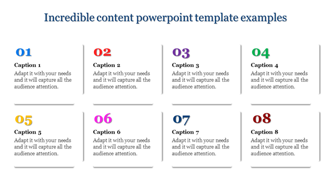 Colorful grid style content PowerPoint template with numbered captions with placeholder text.