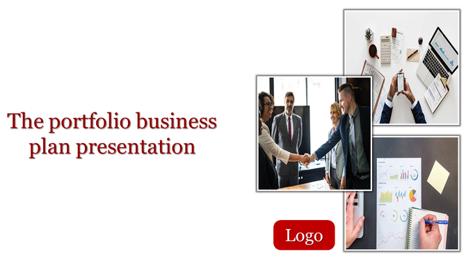 Business plan slide with bold red title on the left and three professional photos and a red logo button at the bottom.